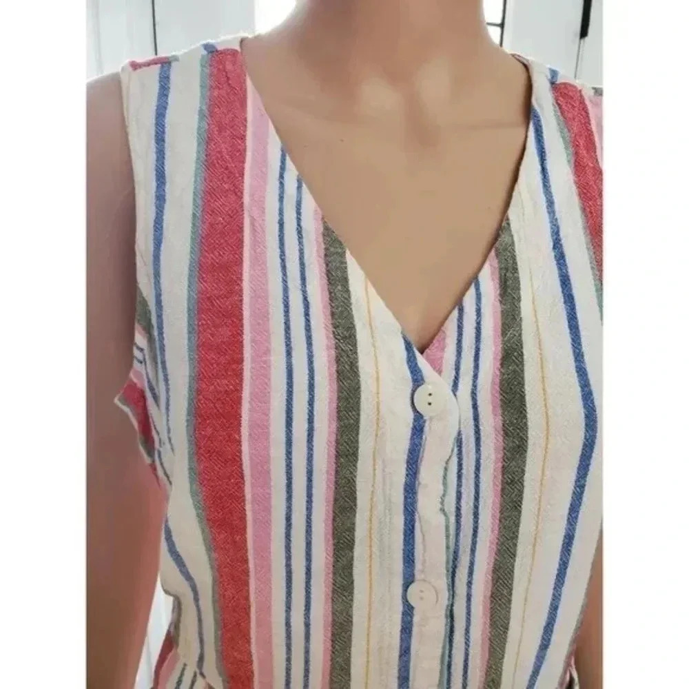 Old navy womens striped midi dress sleeveless linen blend pockets v neck sz L - Picture 2 of 8